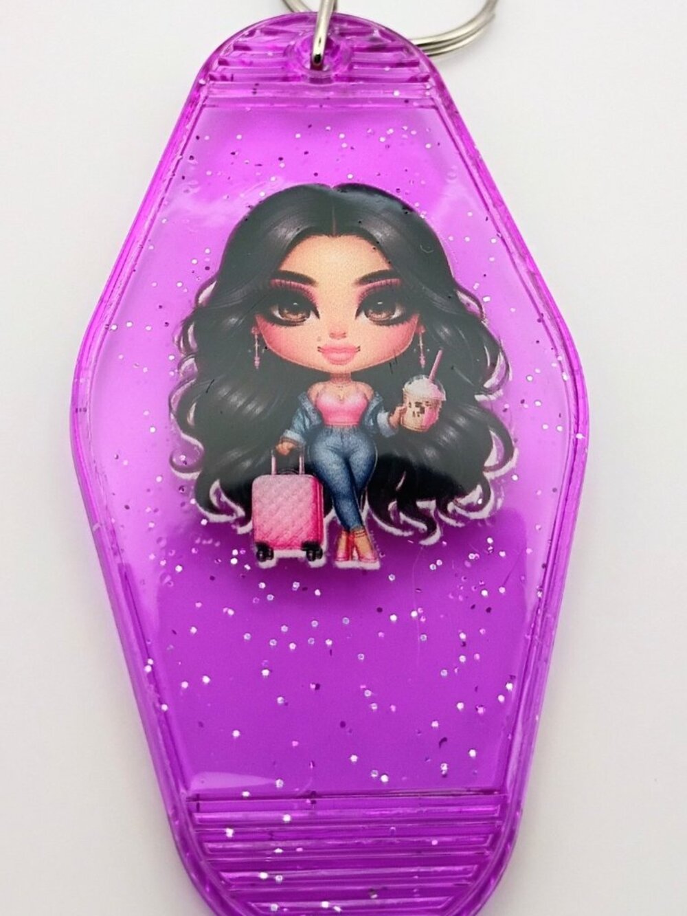 Purple Glitter Motel Keychain - Chibi Girl Jetsetter Traveling Luggage Coffee